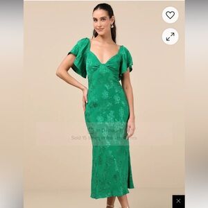 Lulu’s Effervescent Afternoon Green Jacquard Satin Flutter Sleeve Midi Dress